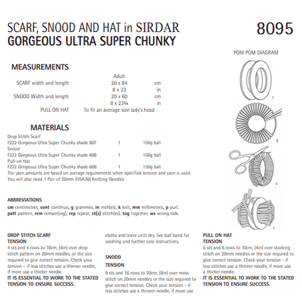 Woman's Scarf, Snood And Hat Knitting Pattern | Sirdar Gorgeous Ultra Super Chunky 8095 | Digital Download - Pattern Information
