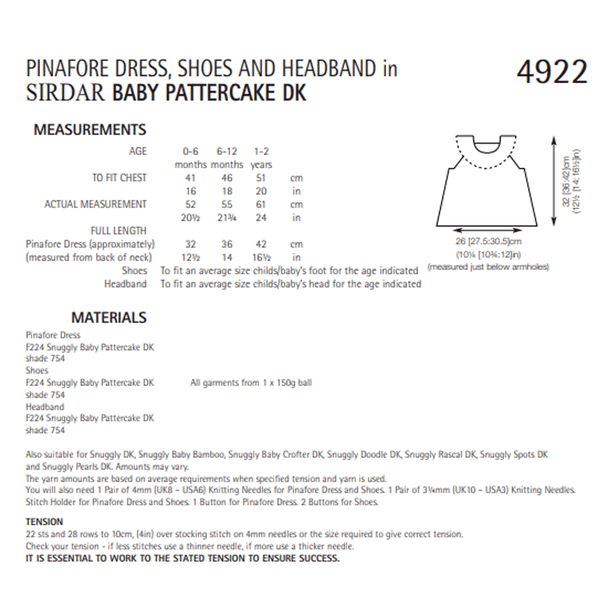 Baby Girl's Pinafore Dress, Shoes And Headband Knitting Pattern | Sirdar Snuggly Pattercake DK 4922 | Digital Download - Pattern Information