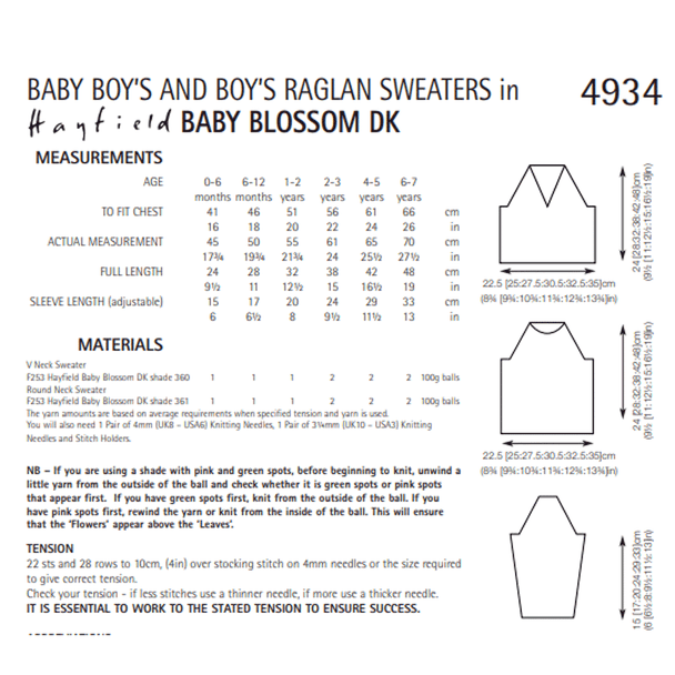 Baby Boy's And Boy's Raglan Sweaters Knitting Pattern | Sirdar Hayfield Baby Blossom DK 4934 | Digital Download - Pattern Information