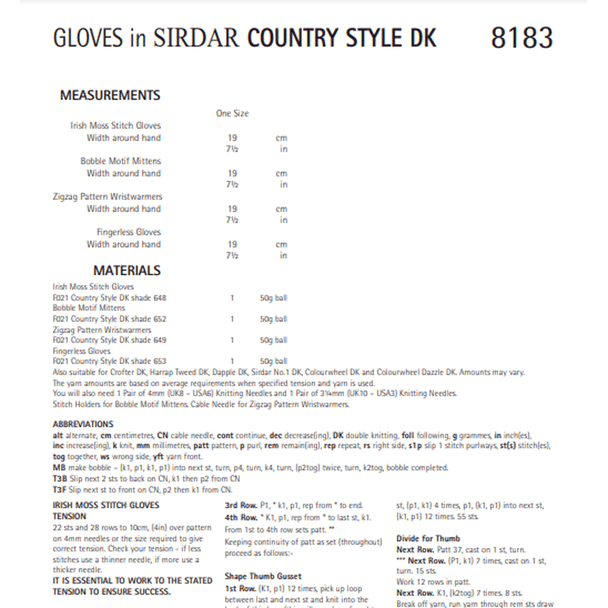 Women's Gloves Knitting Pattern | Sirdar Country Style DK 8183 | Digital Download - Pattern Information