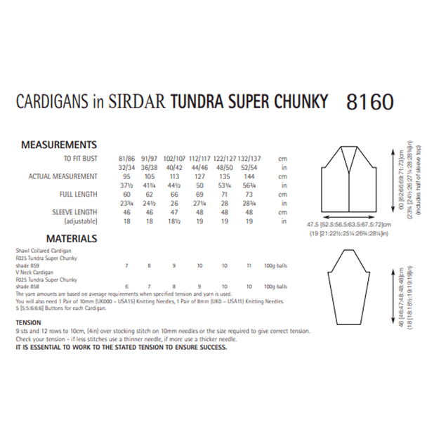 Woman's Cardigans Knitting Pattern | Sirdar Tundra Super Chunky 8160 | Digital Download - Pattern Information
