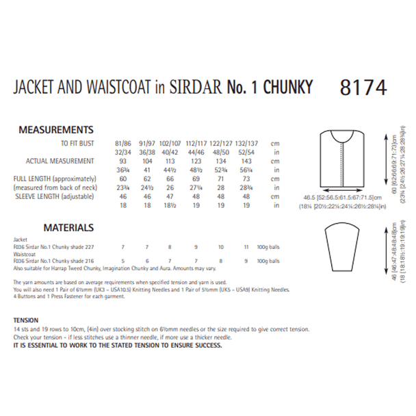 Easy Knit Women's Jacket And Waistcoat Knitting Pattern | Sirdar No.1 Chunky 8174 | Digital Download - Pattern Information