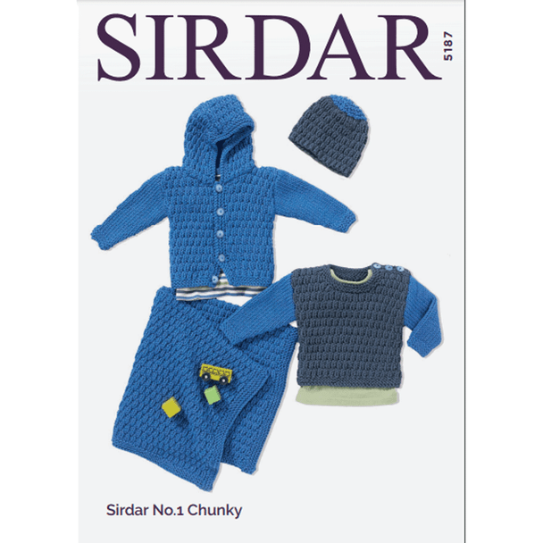 Hooded Jacket, Round Neck Sweater, Hat And Blankets Knitting Pattern | Sirdar No.1 Chunky 5187 | Digital Download - Main Image