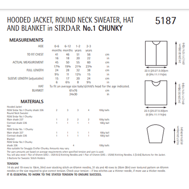 Hooded Jacket, Round Neck Sweater, Hat And Blankets Knitting Pattern | Sirdar No.1 Chunky 5187 | Digital Download - Pattern Information