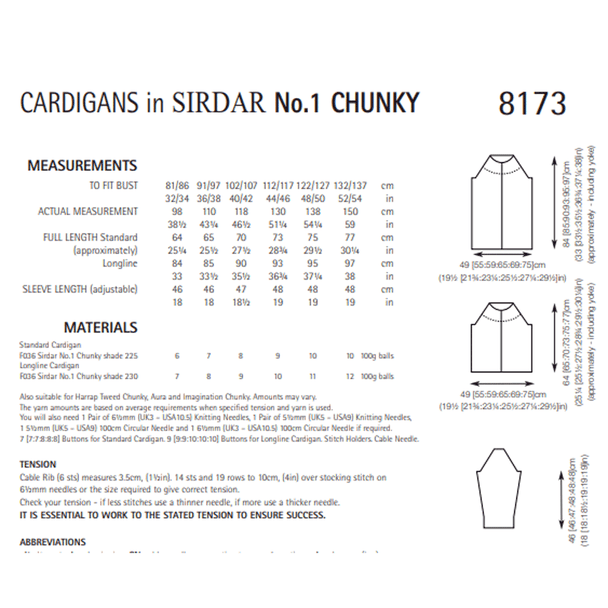 Easy Knit Cardigan Knitting Pattern | Sirdar No.1 Chunky 8173 | Digital Download - Pattern Information