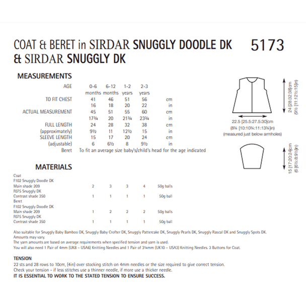 Baby Girl's Coat And Beret Knitting Pattern | Sirdar Snuggly Doodle DK 5173 | Digital Download - Pattern Information