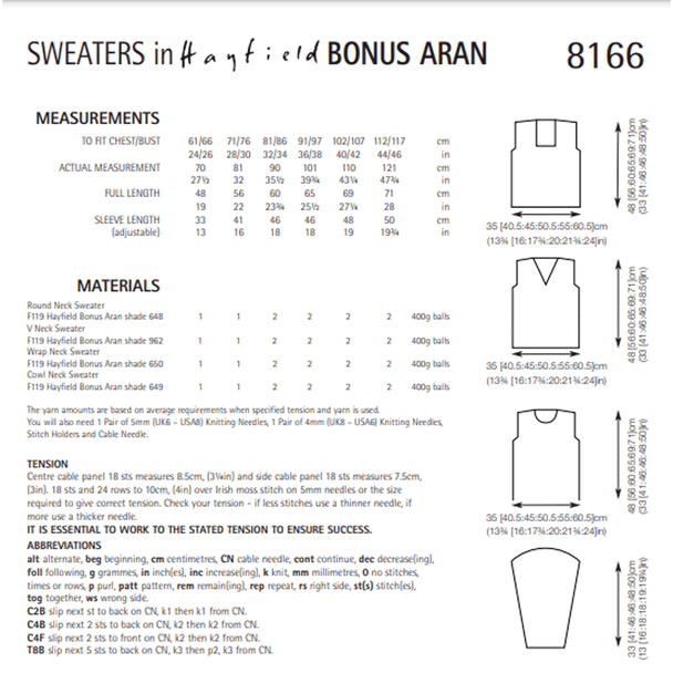 Sweaters Knitting Pattern | Sirdar Hayfield Bonus Aran 8166 | Digital Download - Pattern Information
