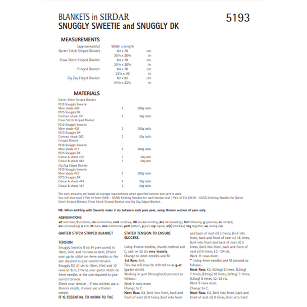 Blankets Knitting Pattern | Sirdar Snuggly Sweetie And Snuggly DK 5193 | Digital Download - Pattern Information