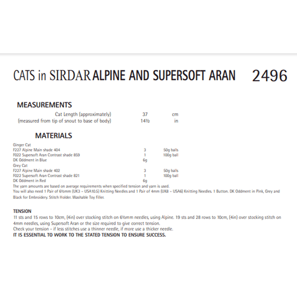 Cats Knitting Pattern | Sirdar Alpine And Surpersoft Aran 2496 | Digital Download - Pattern Information