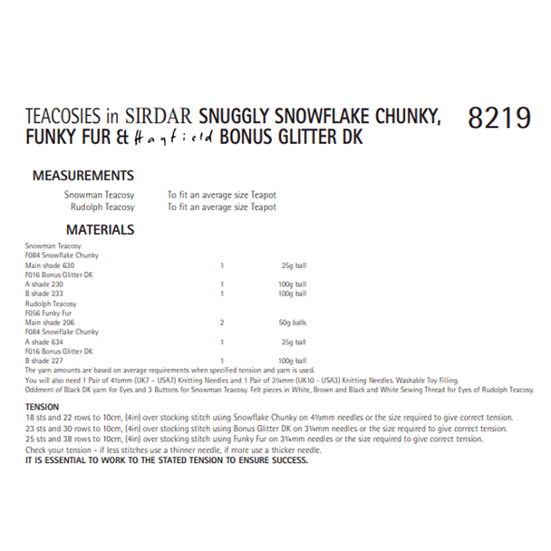 Teacosies Knitting Pattern | Sirdar Snuggly Snowflake Chunky, Funky Fur And Hayfield Bonus Glitter DK 8219 | Digital Download - Pattern Information