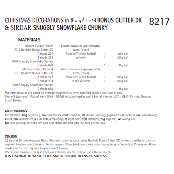 Christmas Decorations Knitting Pattern | Sirdar Snuggly Snowflake Chunky And Hayfield Bonus Glitter DK 8217 | Digital Download  - Pattern Information