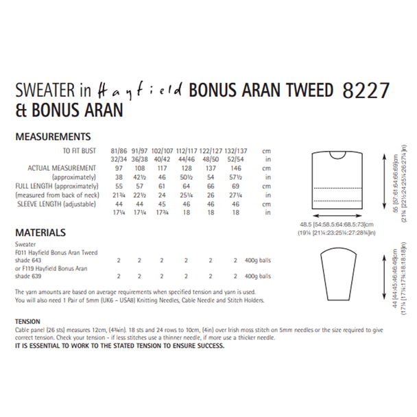 Woman's Sweater Knitting Pattern | Sirdar Hayfield Bonus Aran Tweed And Bonus Aran 8227 | Digital Download - Pattern Information