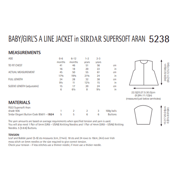 Baby /Girl's A Line Jacket Knitting Pattern | Sirdar Supersoft Aran 5238 | Digital Download - Pattern Information