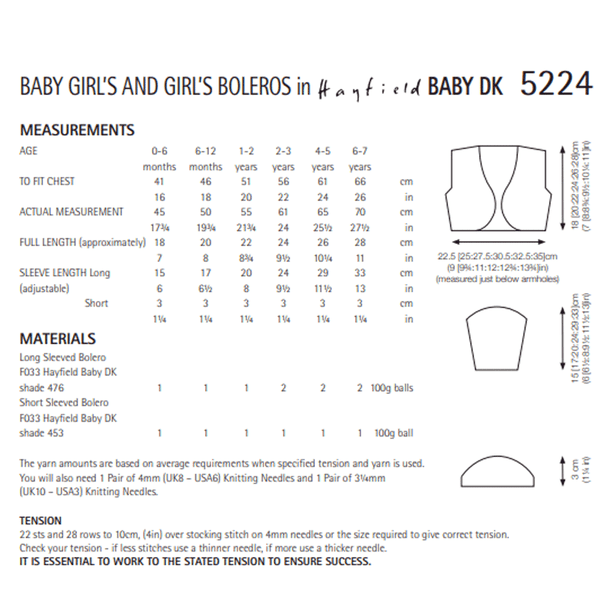 Baby Girl's And Girl's Boleros Knitting Pattern | Sirdar Hayfield Baby DK 5224 | Digital Download - Pattern Information