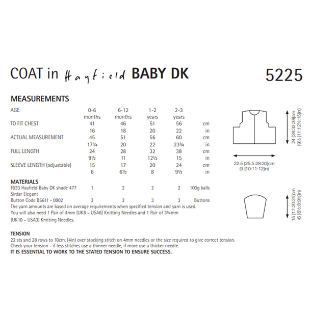 Baby Girl's Coat Knitting Pattern | Sirdar Hayfield Baby DK 5225 | Digital Download - Pattern Information