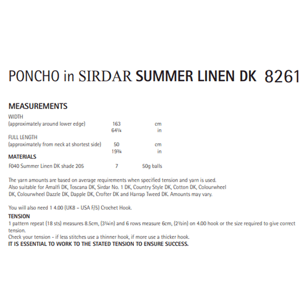 Women's Poncho Crochet Pattern | Sirdar Summer Linen DK 8261 | Digital Download - Pattern Information