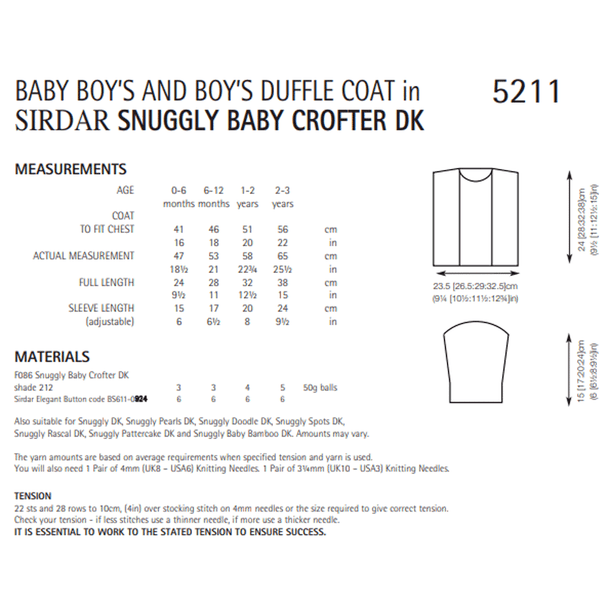 Baby Boy's And Boy's Duffle Coat Knitting Pattern | Sirdar Snuggly Baby Crofter DK 5211 | Digital Download - Pattern Information