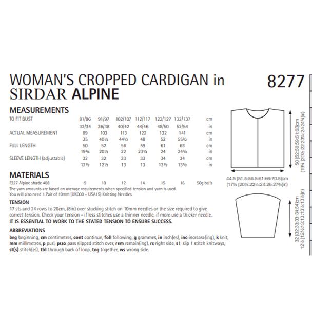 Woman's Cropped Cardigan Knitting Pattern | Sirdar Alpine 8277 | Digital Download - Pattern Information