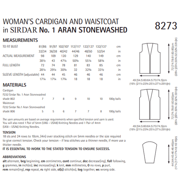 Woman's Cardigan And Waistcoat Knitting Pattern | Sirdar No.1 Aran Stonewashed 8273 | Digital Download - Pattern Information