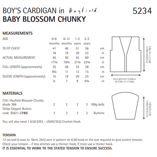 Boy's Cardigan Crochet Pattern | Sirdar Hayfield Baby Blossom Chunky 5234 | Digital Download - Pattern Information