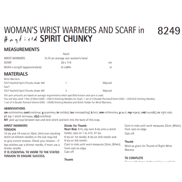Woman's Wrist Warmer And Scarf Knitting Pattern | Sirdar Hayfield Spirit Chunky 8249 | Digital Download - Pattern Information