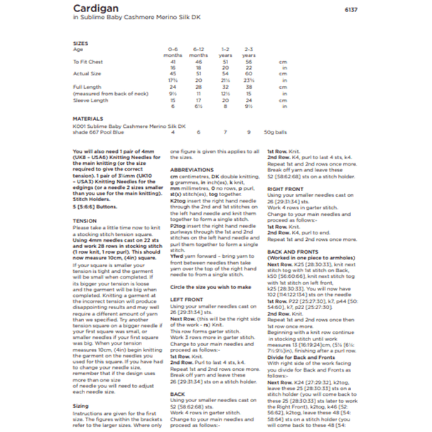 Baby Boy's Cardigan Knitting Pattern | Sirdar Sublime Baby Cashmere Merino Silk DK 6137 | Digital Download - Pattern Information