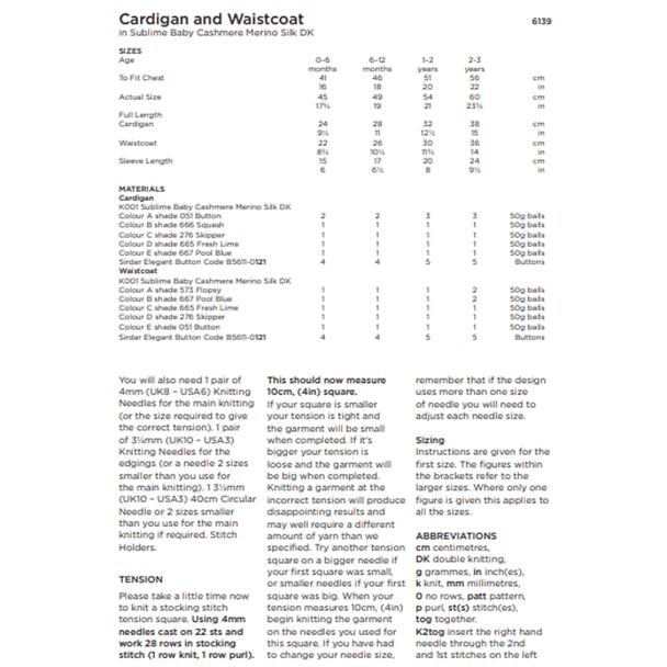 Baby Boy's Cardigan And Waistcoat Knitting Pattern | Sirdar Sublime Baby Cashmere Merino Silk DK 6139 | Digital Download - Pattern Information