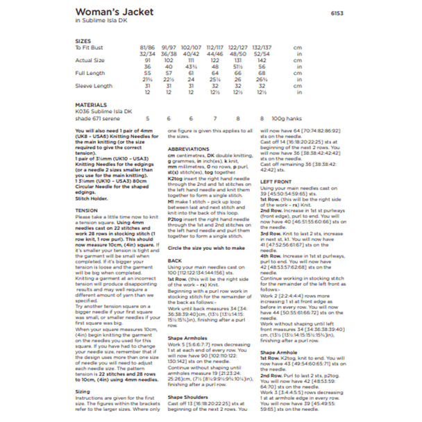 Woman's Jacket Knitting Pattern | Sirdar Sublime Isla DK 6153 | Digital Download - Pattern Information