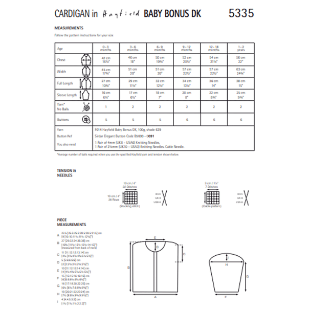 Baby Boy's & Girl's Cardigan Knitting Pattern | Sirdar Hayfield Baby Bonus DK 5335 | Digital Download - Pattern Information