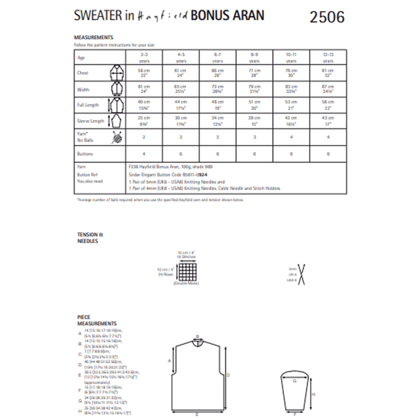 Boy's Sweaters Knitting Pattern | Sirdar Hayfield Bonus Aran 2506 | Digital Download - Pattern Information