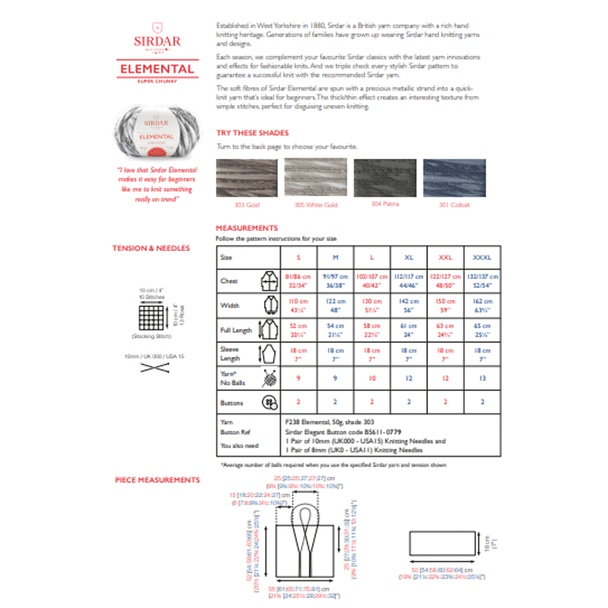 Ladies Cardigan Knitting Pattern | Sirdar Elemental Super Chunky 10017 | Digital Download - Pattern Information
