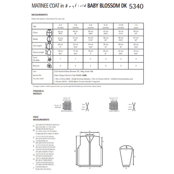 Baby Girl's Matinee Coat Knitting Pattern | Sirdar Hayfield Baby Blossom DK 5340 | Digital Download - Pattern Information