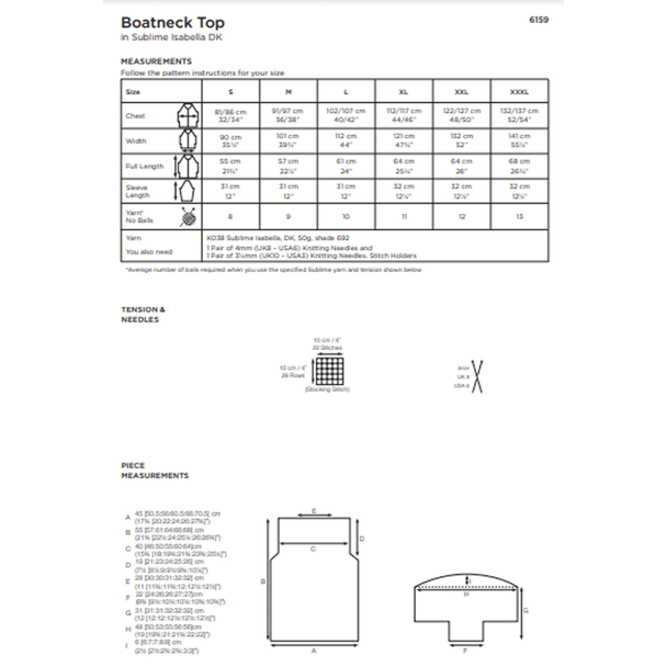 Women's Boatneck Top Knitting Pattern | Sirdar Sublime Isabella DK 6159 | Digital Download - Pattern Information