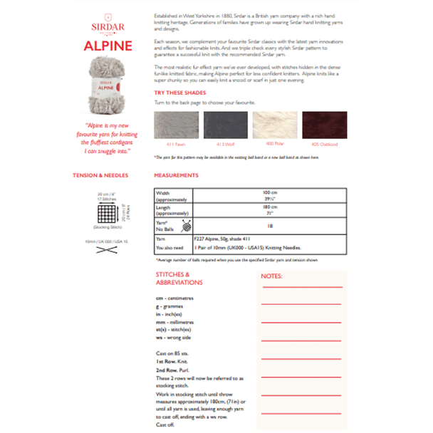 Cosy Blanket Knitting Pattern | Sirdar Alpine 10118 | Digital Download - Pattern Information