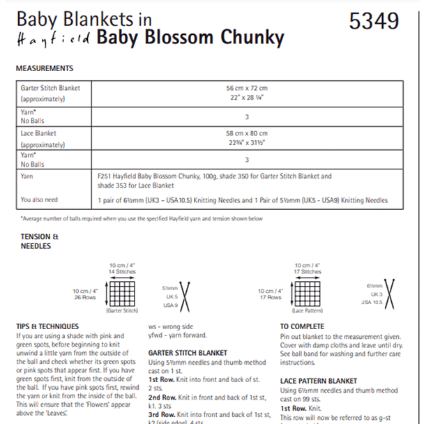 Baby Blankets Knitting Pattern | Sirdar Hayfield Baby Blossom Chunky 5349 | Digital Download - Pattern Information