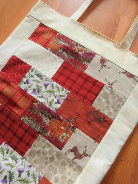 That Crafty Dafty Handmade Scottish Themed Tote Bag, Shopping Bag, Patchwork Bag - The patchwork design (at an angle)