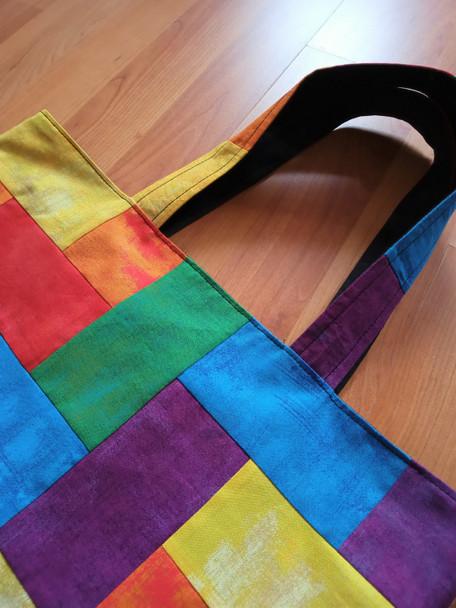 That Crafty Dafty Handmade Rainbow Rectangle Scrappy Tote / Shopping / Patchwork Bag - close up of the handle