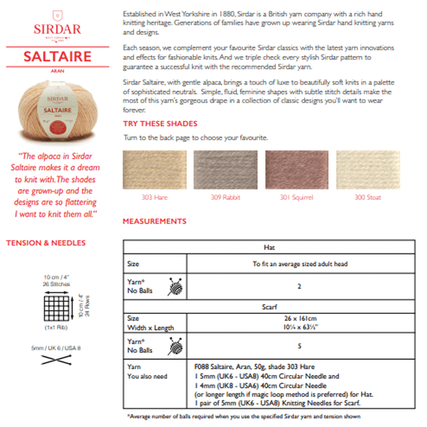 Women's Hat And Scarf Knitting Pattern | Sirdar Saltaire Aran 10183 | Digital Download - Pattern Information