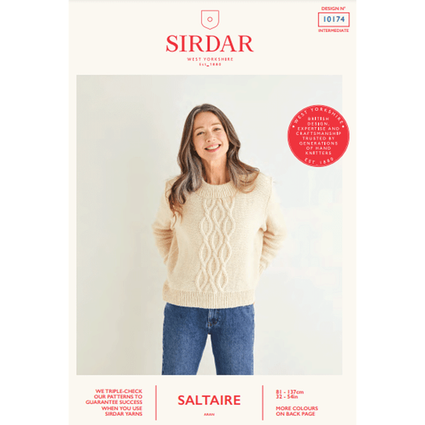 Women's Center Cable Crew-Neck Sweater Knitting Pattern | Sirdar Saltaire Aran 10174 | Digital Download - Main Image