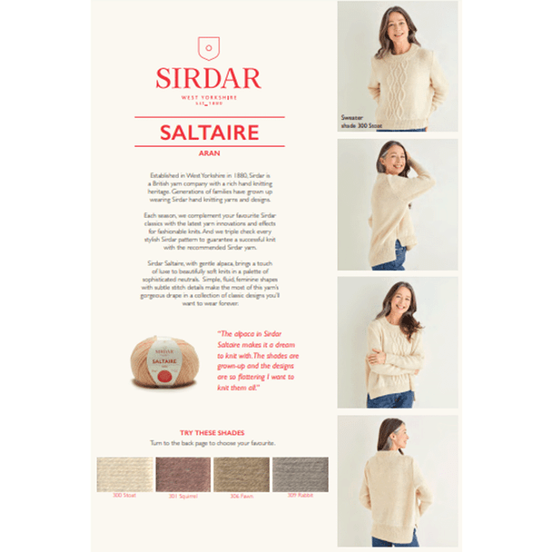 Women's Center Cable Crew-Neck Sweater Knitting Pattern | Sirdar Saltaire Aran 10174 | Digital Download