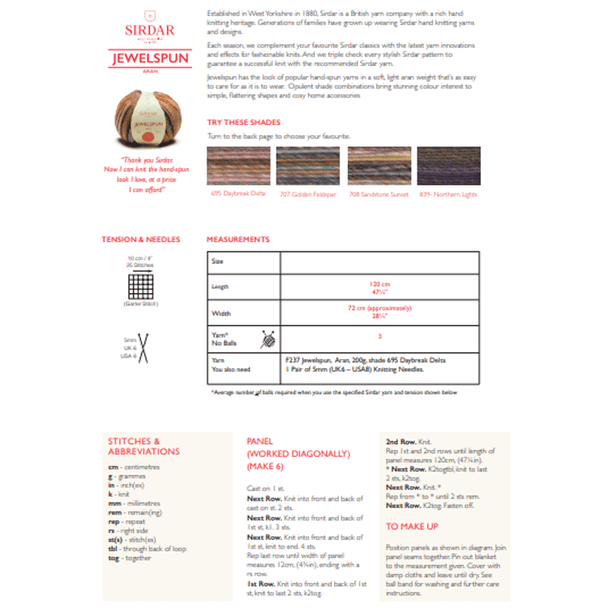 Knitted Bias Blanket Knitting Pattern | Sirdar Jewelspun Aran 10141 | Digital Download - Pattern Information
