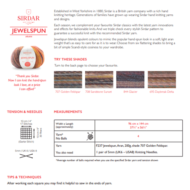 Domino Blanket Knitting Pattern | Sirdar Jewelspun Aran 10142 | Digital Download - Pattern Information