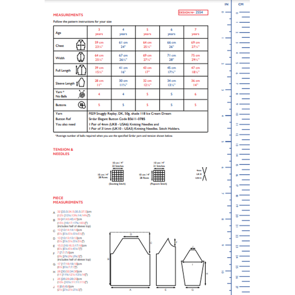 Girl's Popcorn Stitch Cardigan Knitting Pattern | Sirdar Snuggly Replay DK 2554 | Digital Download - Pattern Information