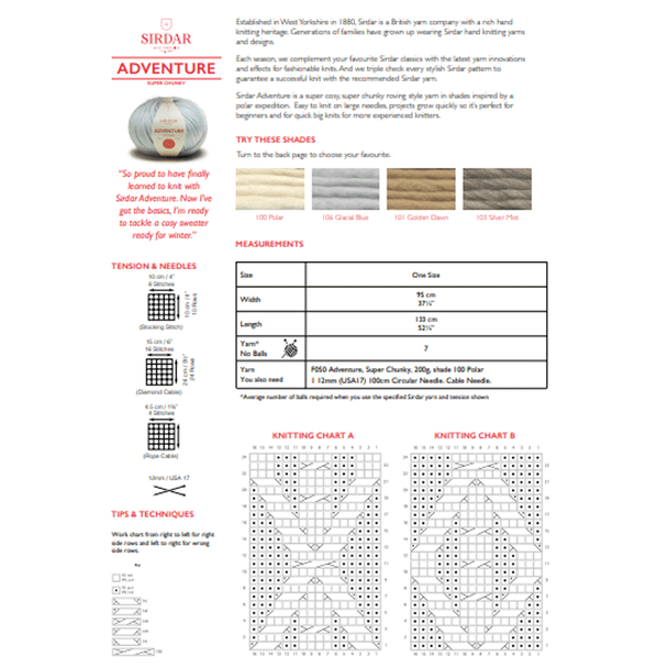 Women's Cable Blanket Knitting Pattern | Sirdar Adventure Super Chunky 10194 | Digital Download - Pattern Information