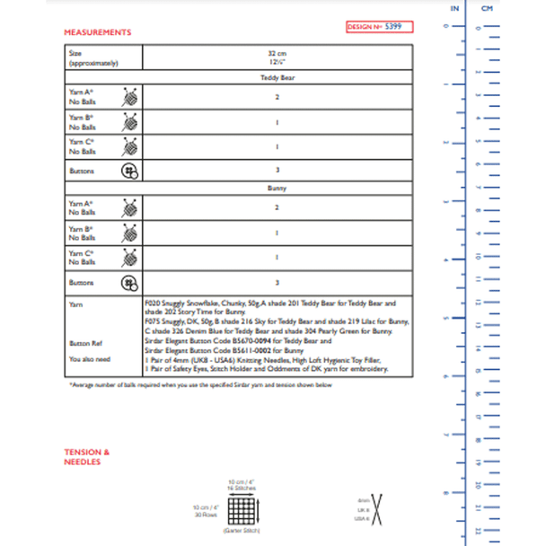 Teddy Bear And Bunny Knitting Pattern | Sirdar Snuggly Snowflake Chunky & Snuggly DK 5399 | Digital Download - Pattern Information