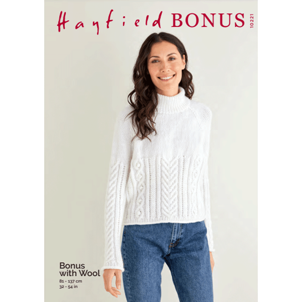 Women's Cable Roll Neck Sweater Knitting Pattern | Sirdar Hayfield Bonus With Wool Aran 10221 | Digital Download - Main Image
