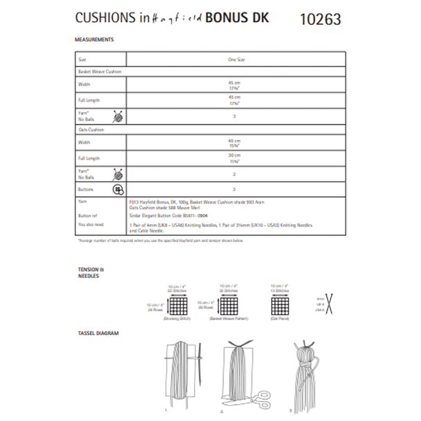 Wild Oats & Plaited Basket Stitch Cushions Knitting Pattern | Sirdar Hayfield Bonus DK 10263 | Digital Download - Pattern Information