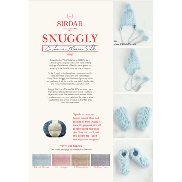 Babies Pom Pom Hat, Mittens & Booties Knitting Pattern | Sirdar Snuggly Cashmere Merino Silk 4Ply 5392 | Digital Download