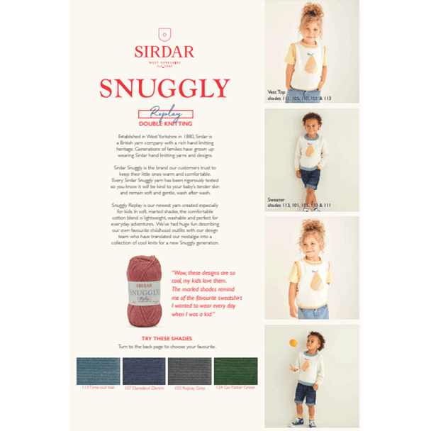 Children Pear Motif Tops & Sweater Knitting Pattern | Sirdar Snuggly Replay DK 2565 | Digital Download