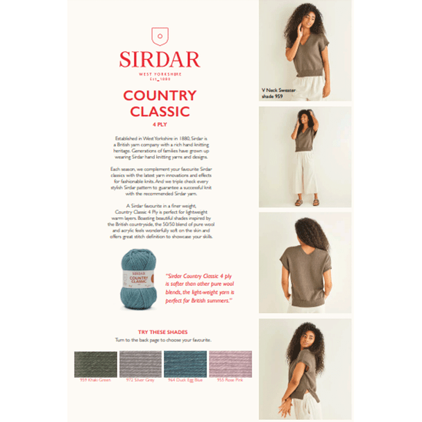 Ladies V-Neck Stepped Hem Top Knitting Pattern | Sirdar Country Classic 4 Ply 10241 | Digital Download